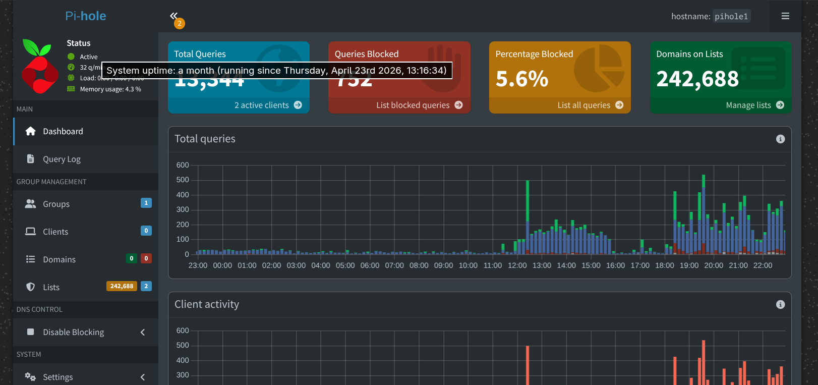 A Pi-hole dashboard showing total queries, queries blocked and the percentage blocked